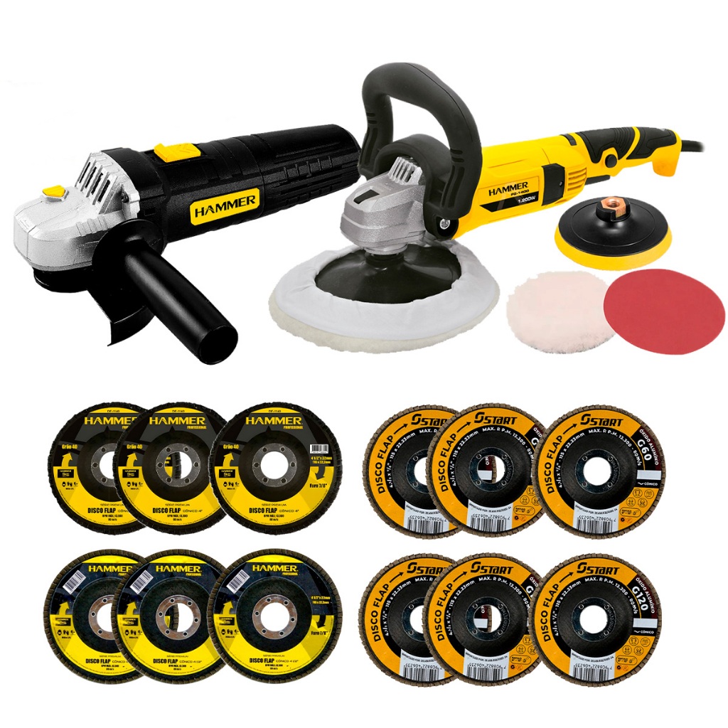 Kit Polimento Politriz Hammer Angular 1200W Com Esmerilhadeira Lixadeira 4.1/2 1