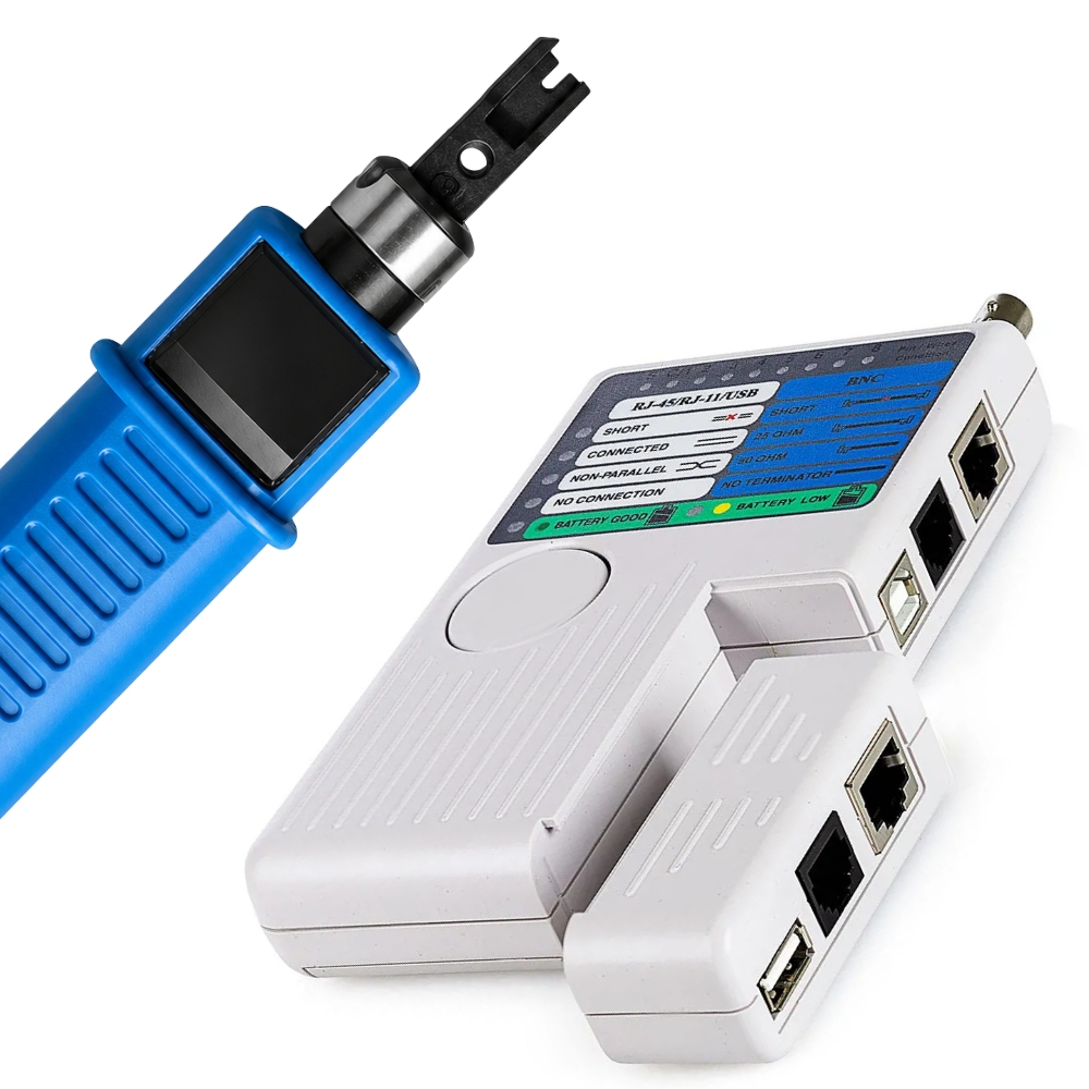 Testador de Cabo de Rede RJ45 / RJ11 / BNC e USB + Alicate Punch Down de Impacto