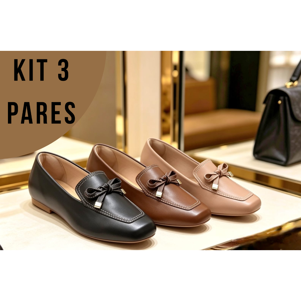 KIT 3 SAPATILHAS FEMININAS MOCASSIM BICO QUADRADO CONFORTO – PRETA CLÁSSICA + CARAMELO ELEGANTE + NUDE ROSÉ SOFISTICADA