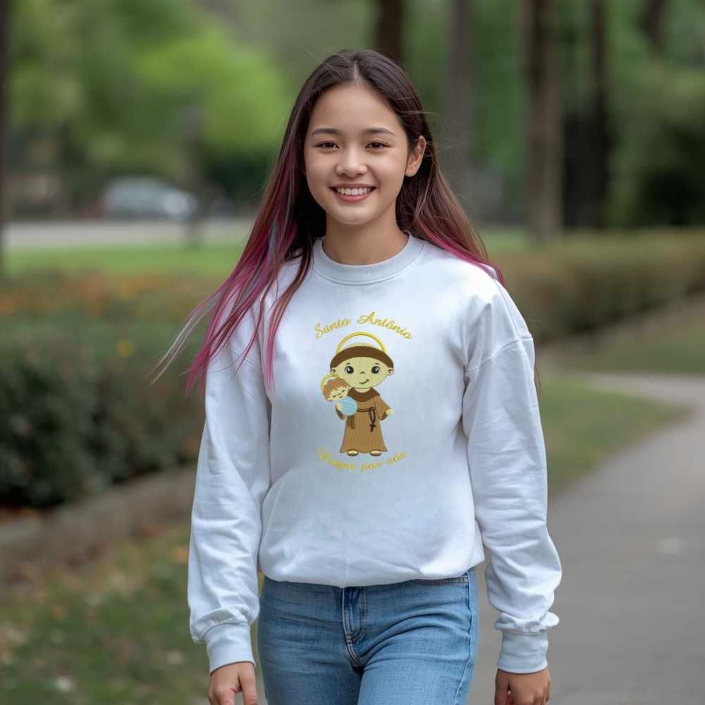 Moletom Infantil Para Menina Santo Antônio Rogai Por Nós Bordado Moda Fé Católica Cristã