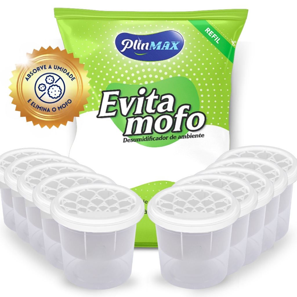 PlinMax Evita Mofo 1kg + 10 Potes Anti Umidade Desumidificador Ambiente Mofo Odor