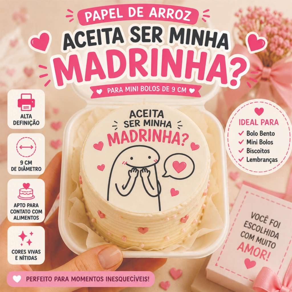 Papel de arroz Flork Meme Aceita ser Madrinha Convite Bolo Bentô Bento Cake