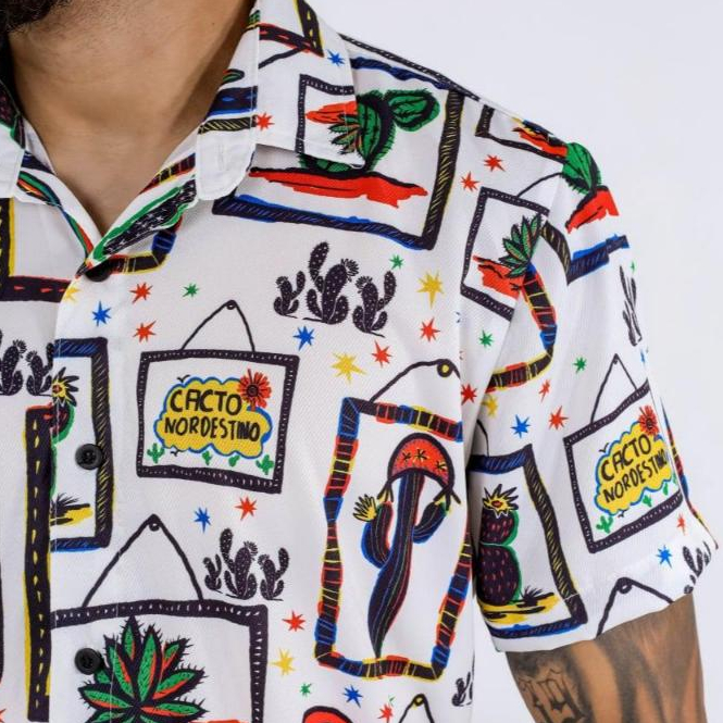 Camisa Adulto Social de Botão estampa Cactos Cordel Nordestino
