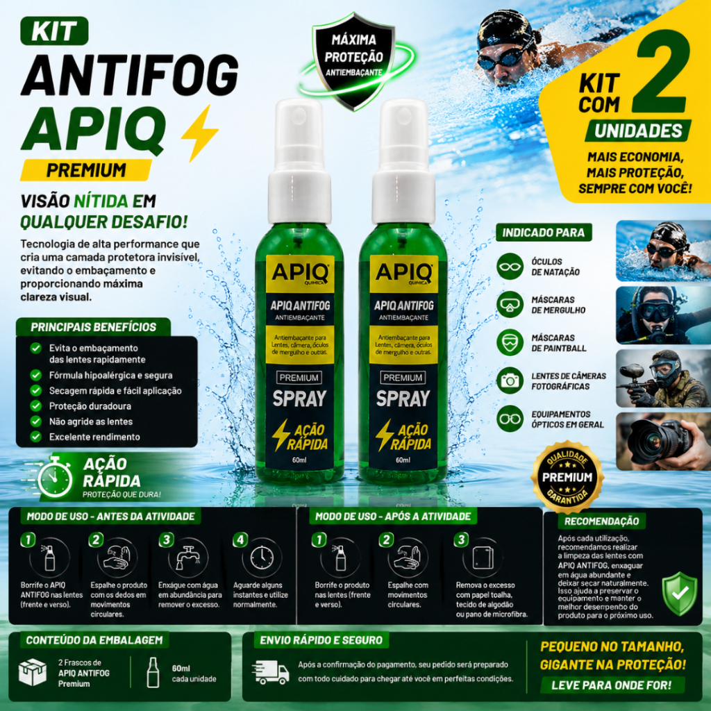 Kit 2x Anti Embaçante Antifog 60ml Apiq Química | Óculos de Natação Máscara de Mergulho e Lentes | Total 120ml