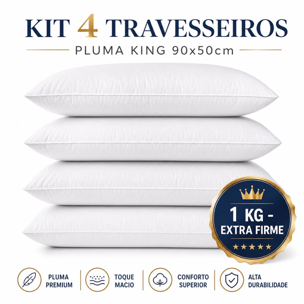 Kit 04 Travesseiros Pluma King 90x50cm 1 QUILO Suporte EXTRA FIRME Almofada de Dormir Cama Quarto