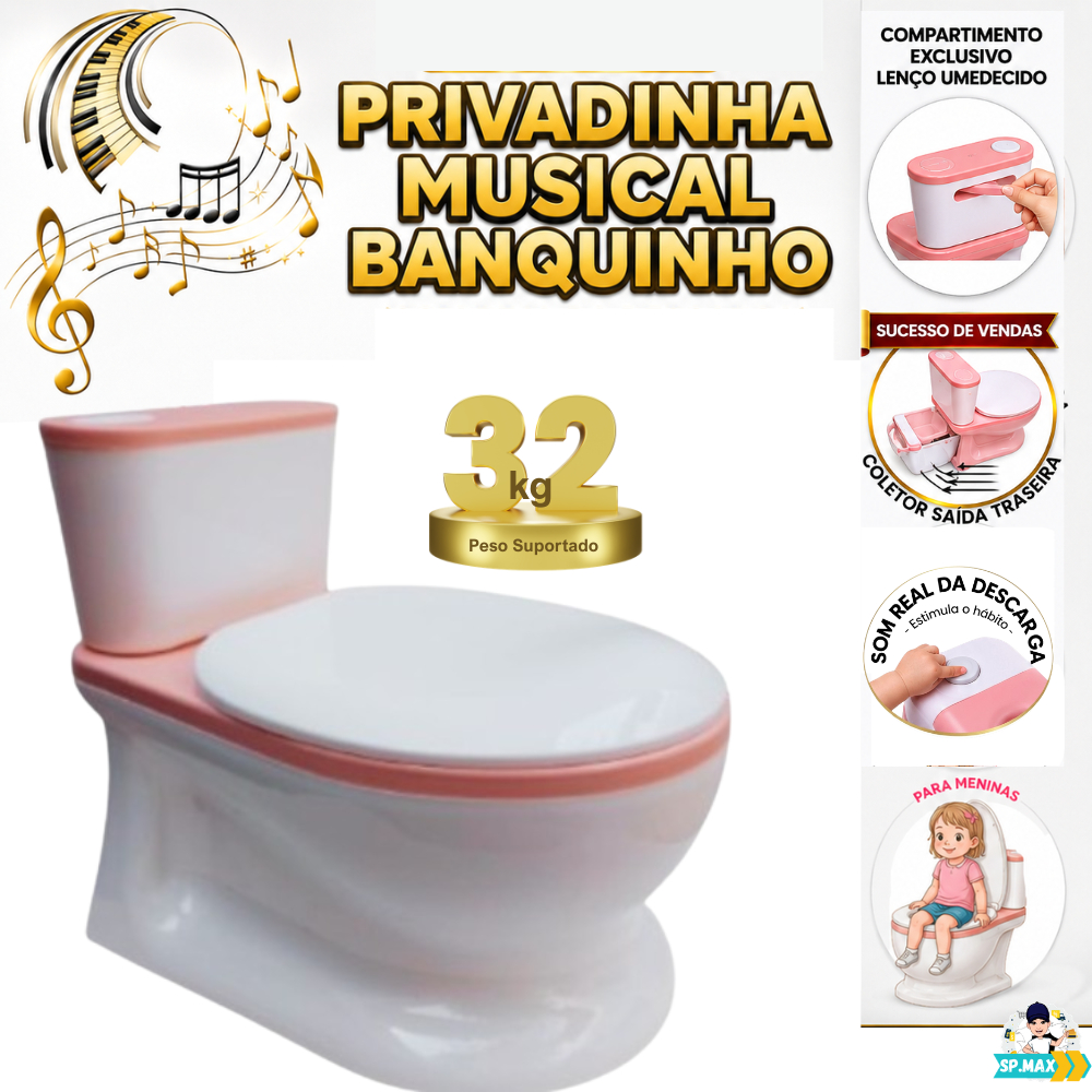 Privadinha Banquinho Musical (Simula Som Real da Descarga) até 32Kg Infantil Troninho Desfralde Rosa