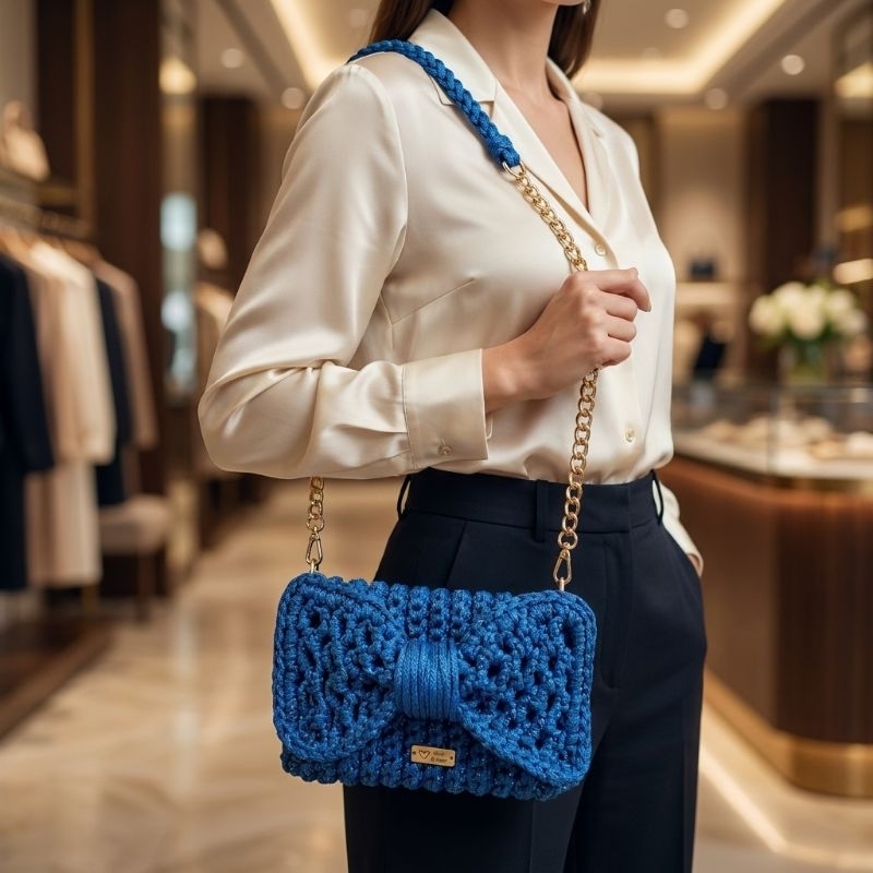 Bolsa de Crochê Amélie Feminina Artesanal com Corrente Dourada e Laço | Clutch