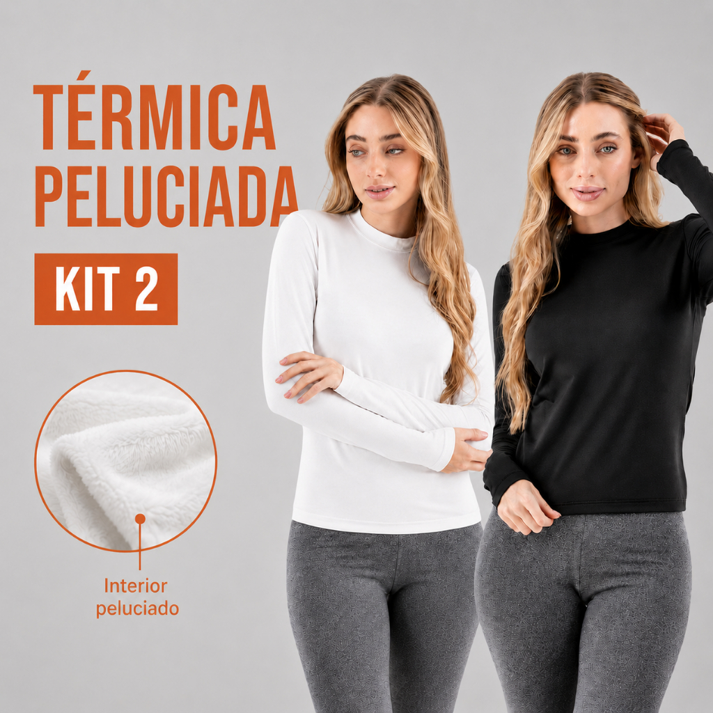 KIT 2 Blusa Térmica Peluciada Feminina Segunda Pele Inverno Frio Quentinha Básica Confortável