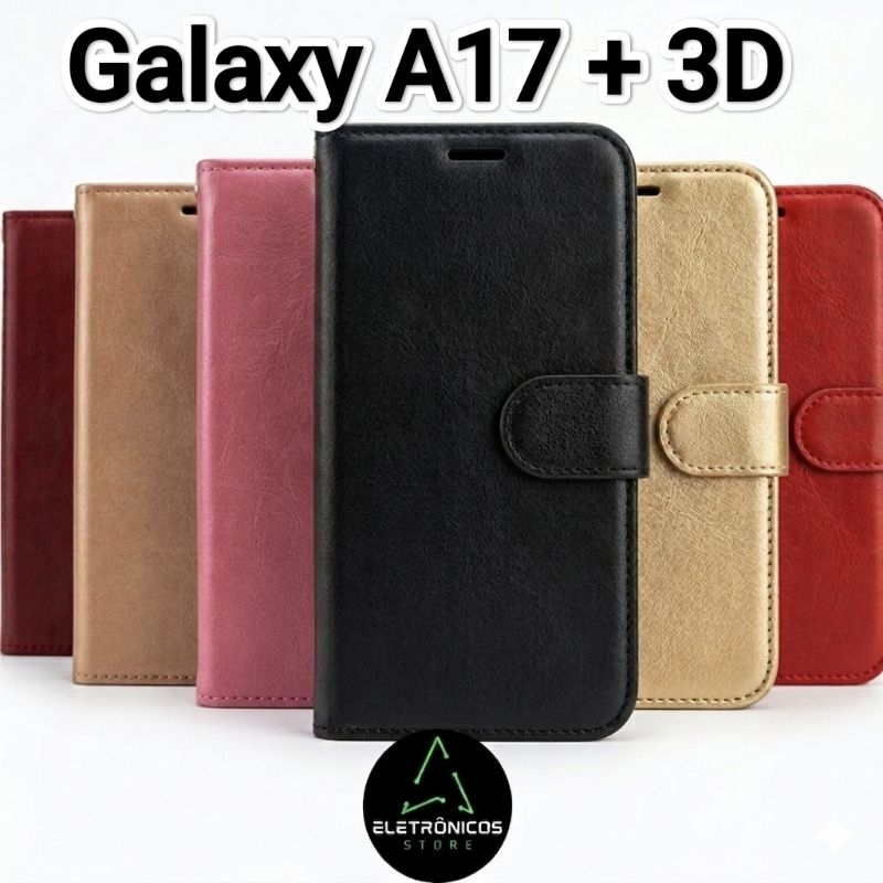 Kit Película 3D Vidro+ Capa Carteira Couro Flip Samsung Galaxy A17