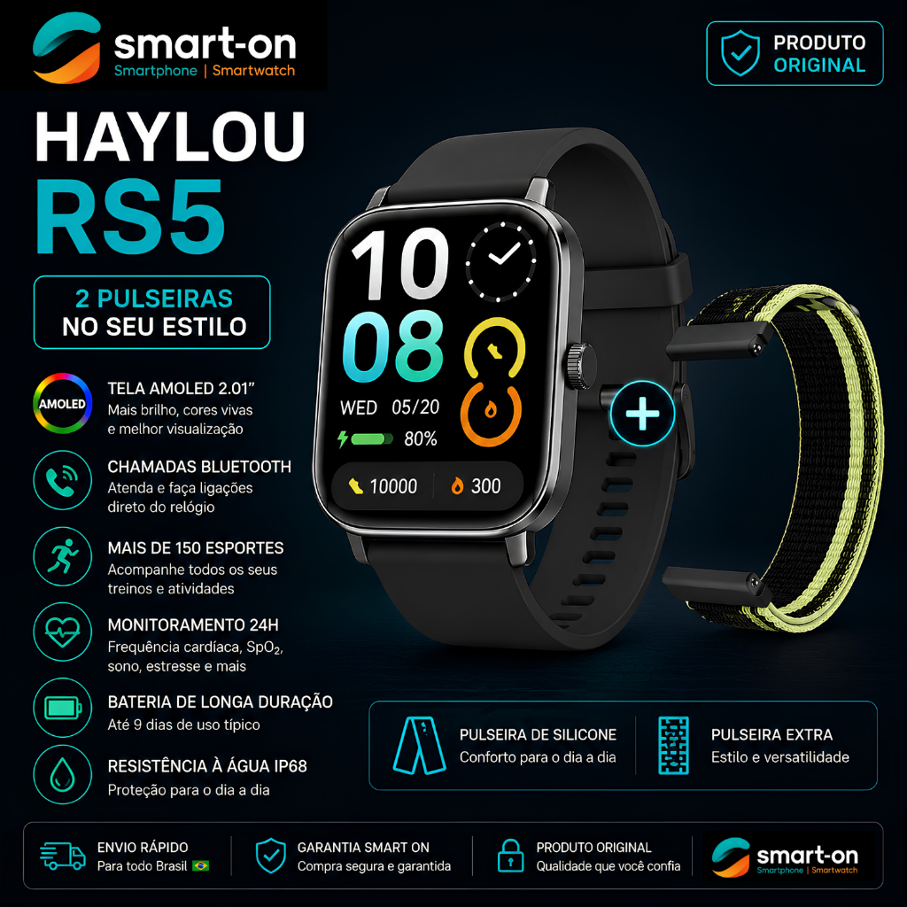 Smartwatch Haylou RS5 AMOLED Chamadas Bluetooth Android iPhone Pulseira Extra Original IP68