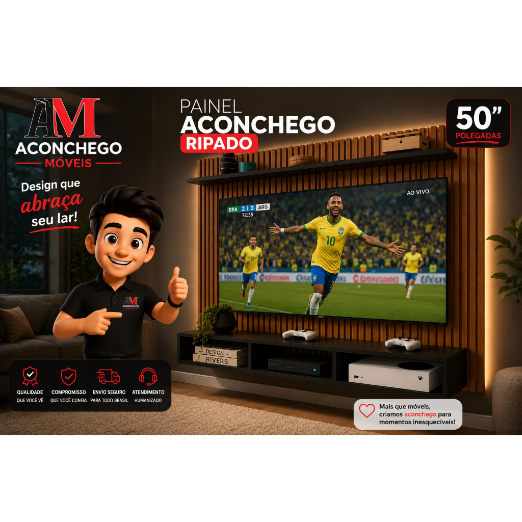 Painel Aconchego Suspenso Ripado 3D para TVs até 50 Polegadas com Nichos Moderno e Prateleira Decorativa MEGA OFERTA