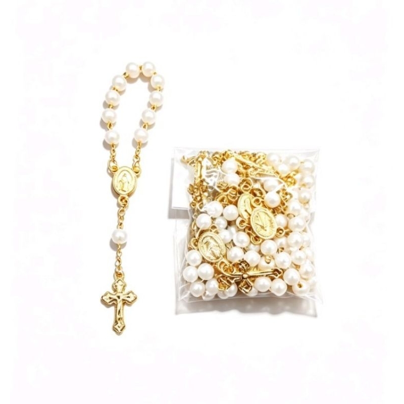 kit pacote com 12 Mini terço branco com dourado batismo eucaristia crisma maternidade artigo católico lembrancinha