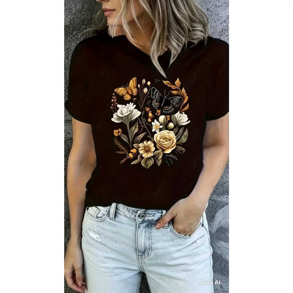 Camiseta T-Shirt Feminina Estampada Flores Borboletas Elegante Blusa  100% Algodão Camisa Verão Casual Confortavel Blusa