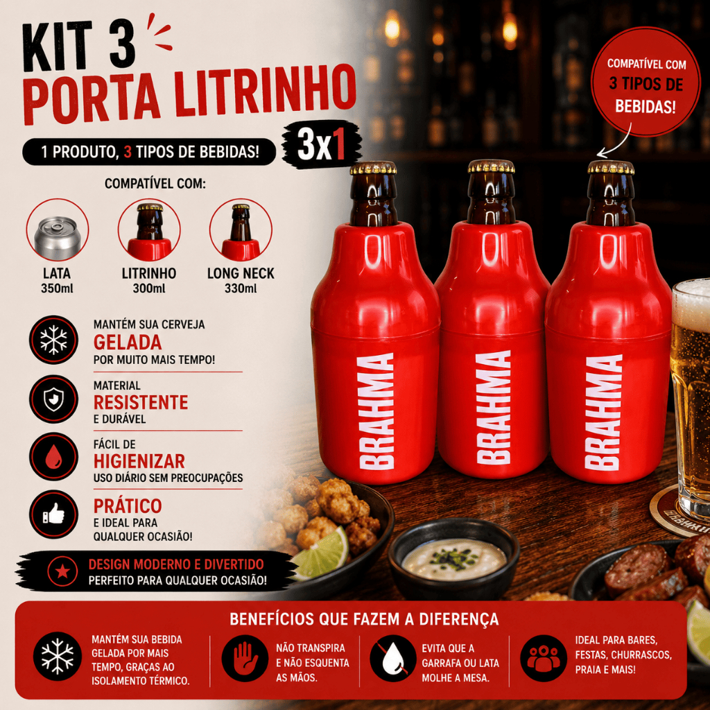 3 Porta Garrafinha 300ml Suporte térmico Lata Long Neck Cerveja Gelada