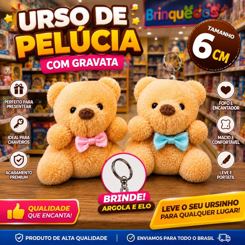 Montagem de Chaveiro Mini Urso de Pelúcia com Gravata Azul e Rosa– 6cm, Com Argola E Elo De Brinde