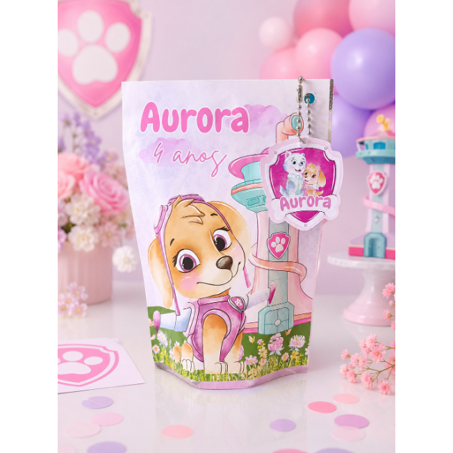 Saquinho de Ziper Personalizado PATRULHA CANINA MENINA com Tag e Correntinha – Lembrancinha Festa Infantil