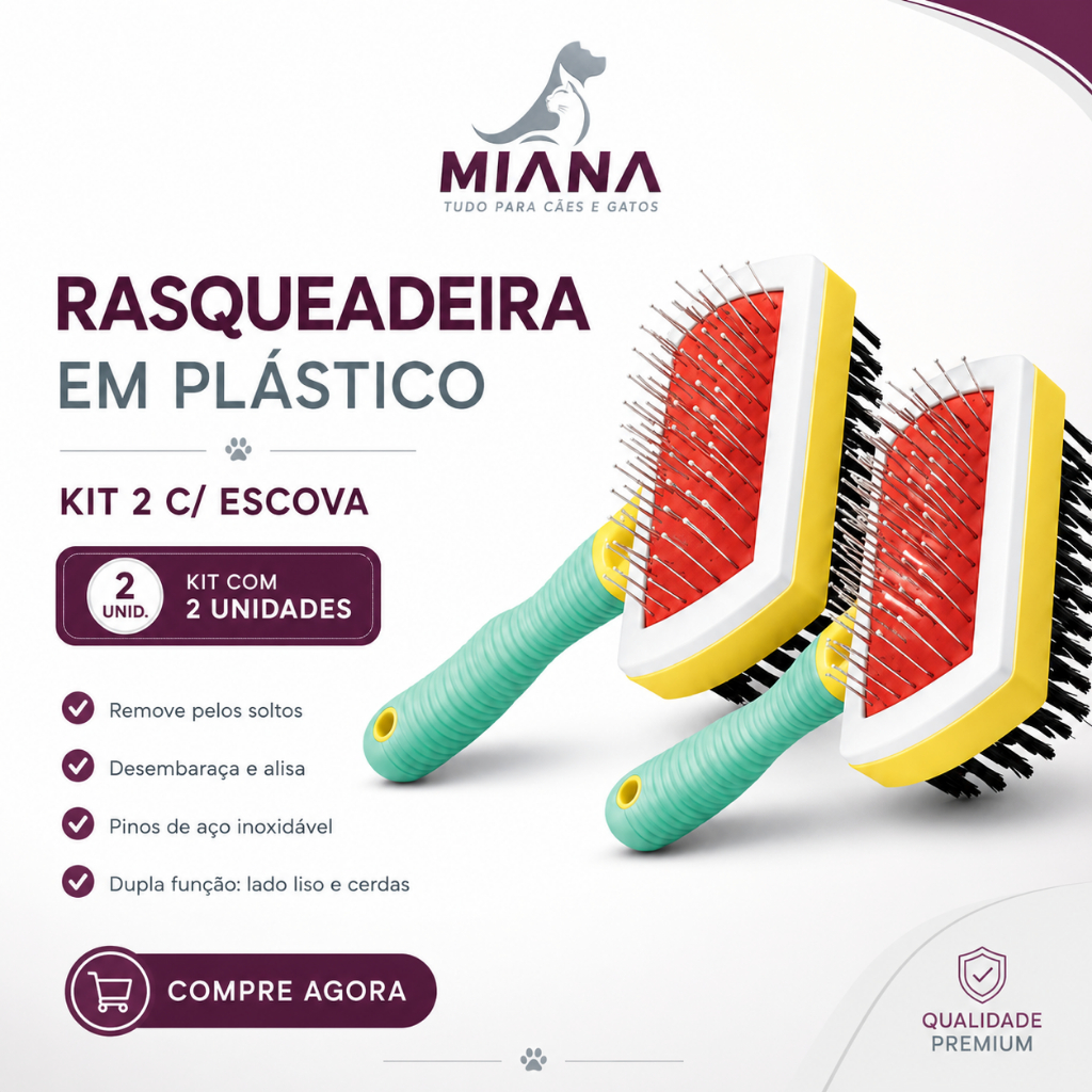 Kit 2 Rasqueadeira Plastico Com Escova 2 em 1 CÃES GATOS Pets Pet Tira Pulga Removedor de Pelo