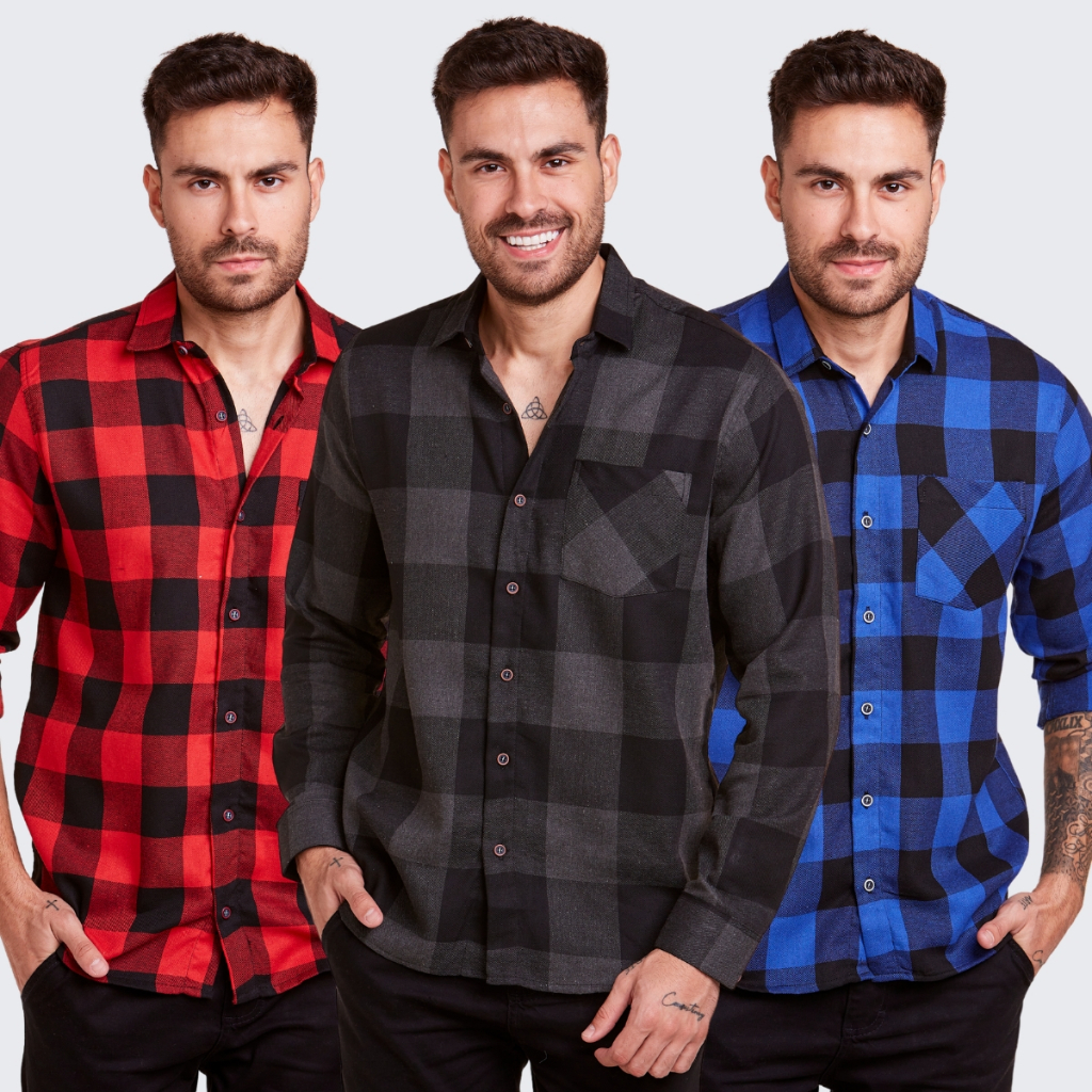 Kit 3 Camisa Xadrez Masculina Manga Longa Flanelada
