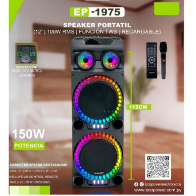 Caixa de Som Amplificada Ecopower EP-1975 2x12” Bluetooth USB FM 100W RMS com Microfone e Controle Remoto.