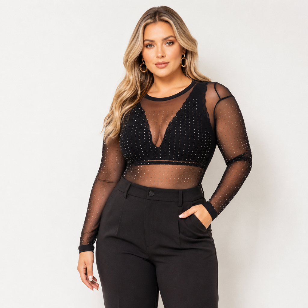 Body Feminino de Tule Aplicação Pedraria Plus Size Tule Transparente