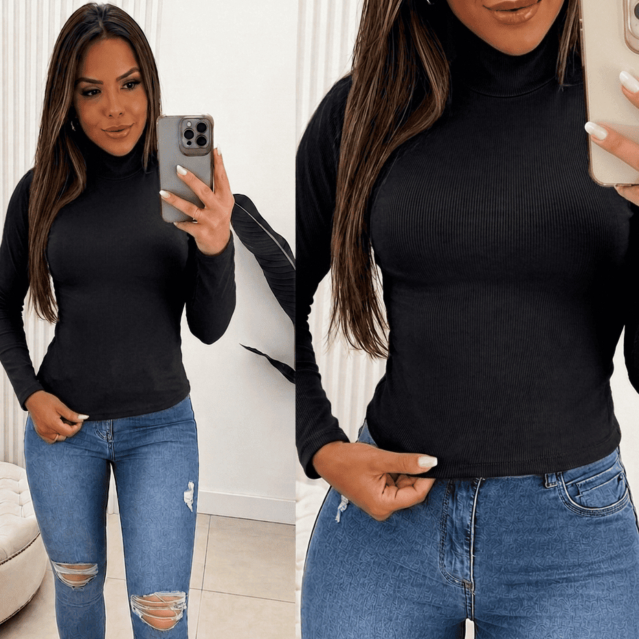 Blusa Cacharrel Feminina Gola Alta Ribana Flanelada Manga Longa Térmica Canelada Qualidade Premium SegundaPele Quentinha