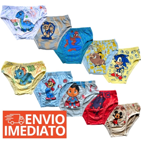 Kit 5-10 Cueca infantil 100% Algodão Premium Slip Menino Sublimada Confortável Cuequinhas Infantil