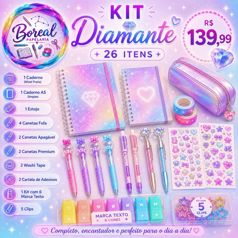 Kit Diamante 26 itens de Papelaria | Boreal Papelaria