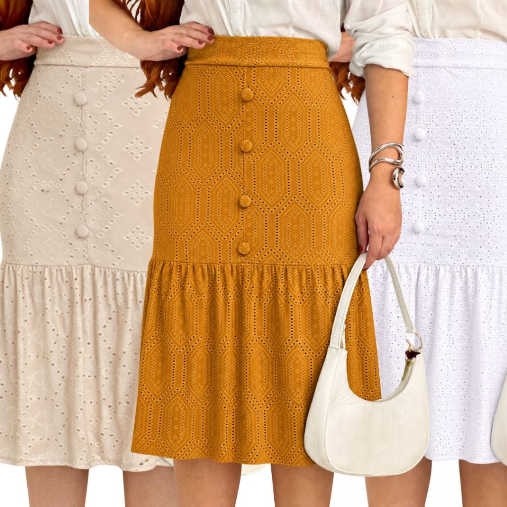 Saia Feminina Midi em Laise com Botões Frontais Forrada Casual Elegante