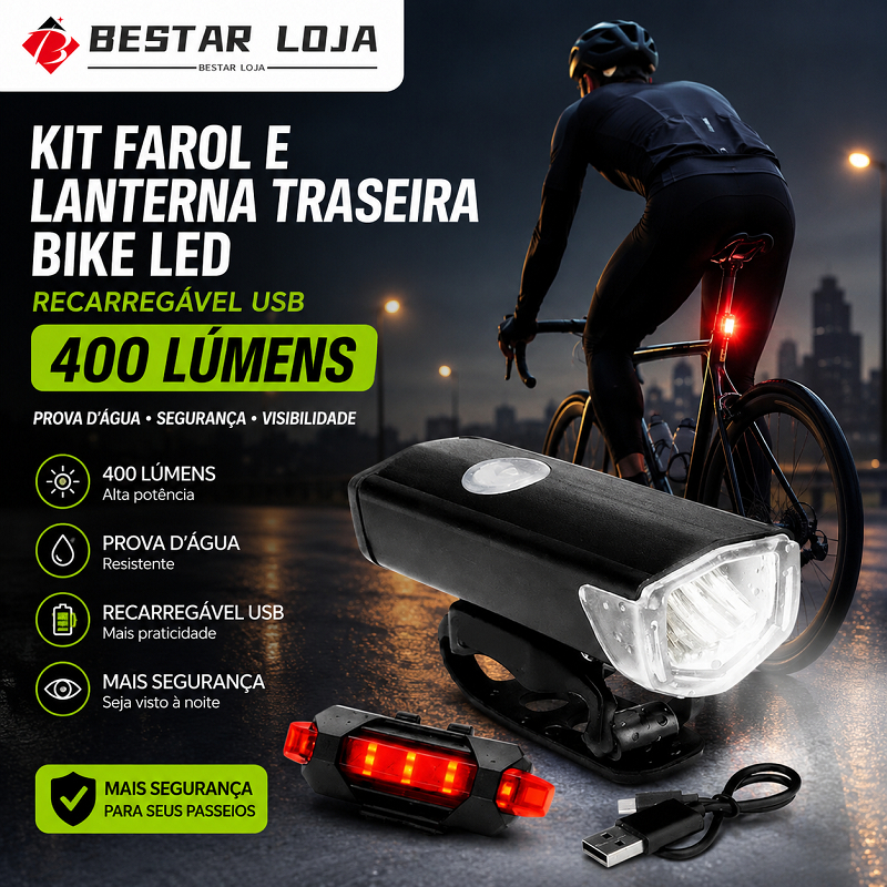 BESTAR LOJA  Kit Farol E Lanterna Traseira Bike Led Recarregável Usb 400 Lúmens Prova Dágua Segurança Bicicleta