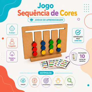 Jogo Sequência de Cores Brinquedo Educativo Desafios Psicomotores Interativos Pedagógico Madeira