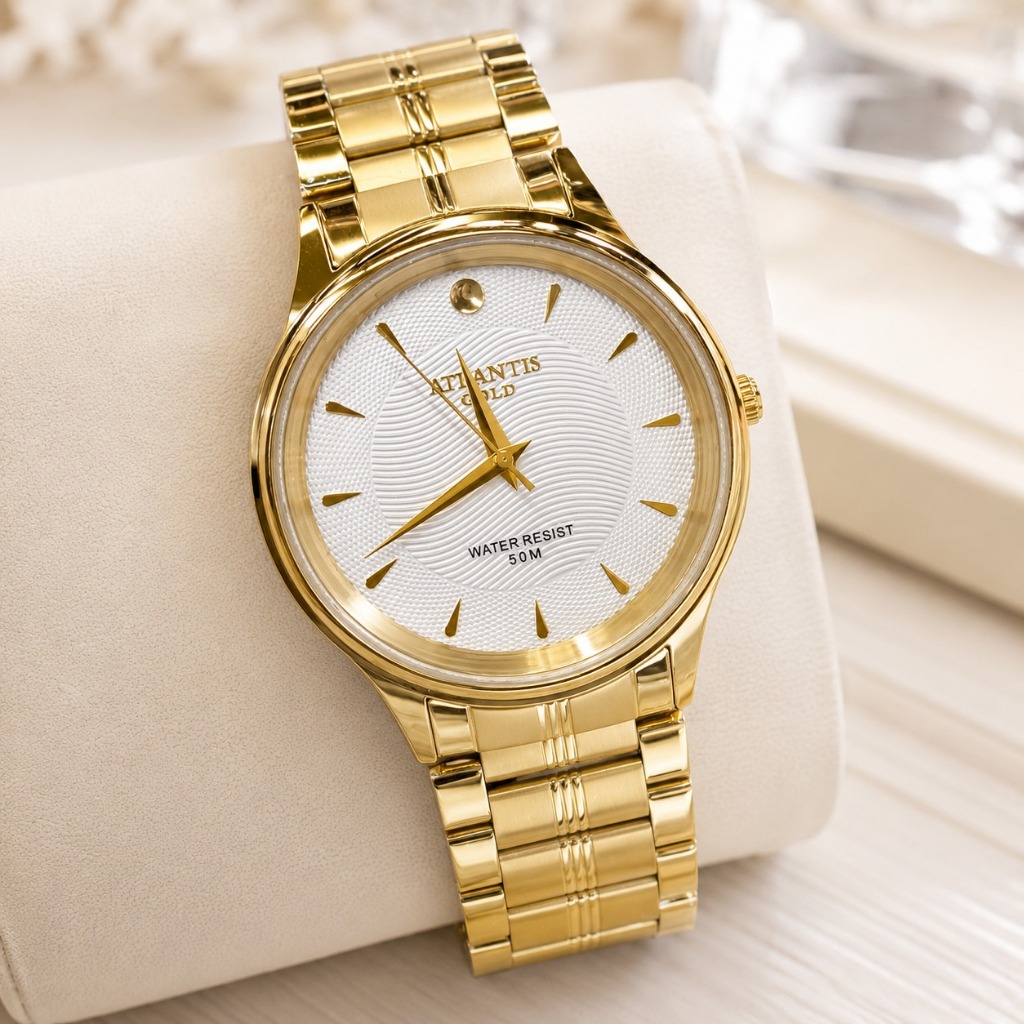 Relógio Feminino Atlantis Gold Original Dourado Elegante Pulseira em Aço Resistente à Água