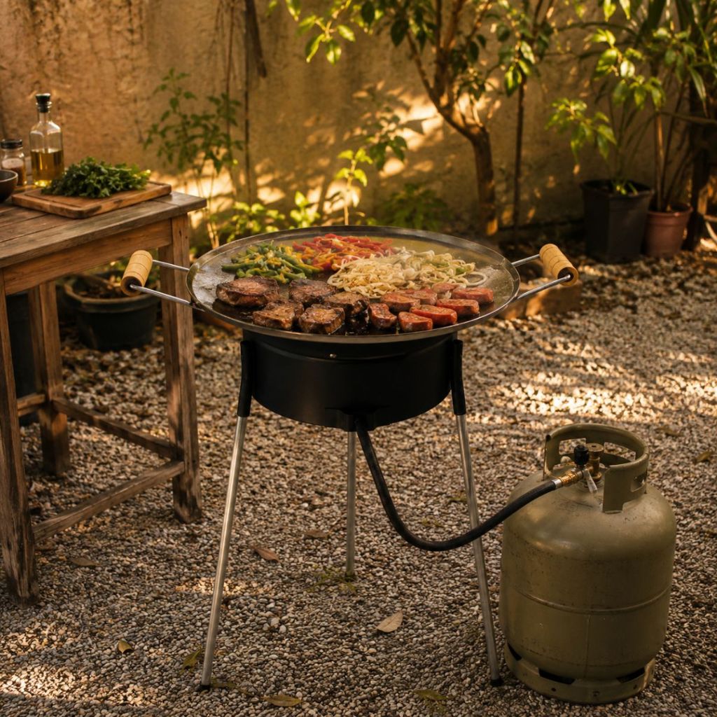 Fogareiro com Tacho 45cm  Á Gás Cozinha Chamas Pés Removiveis Alta Pressão Chapa Disco Arado Mangueira 90cm Panela