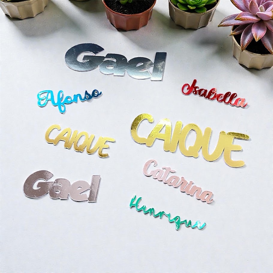 Aplique Nome Personalizado Lamicote 250g • 6cm ou 10cm • Dourado Prata • Para Lembrancinhas