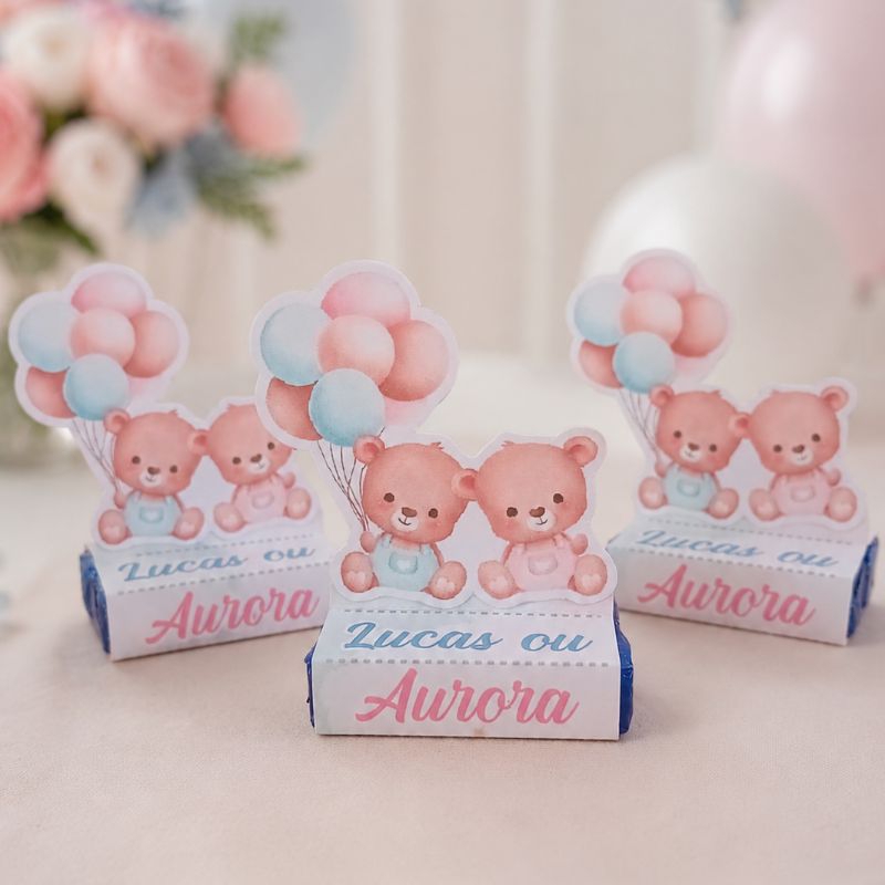 Kit Porta Bis Duplo Chá Revelação Ursinho Azul e Rosa - Lembrancinha para Chá Revelação Urso baloeiro Rosa Azul neutro