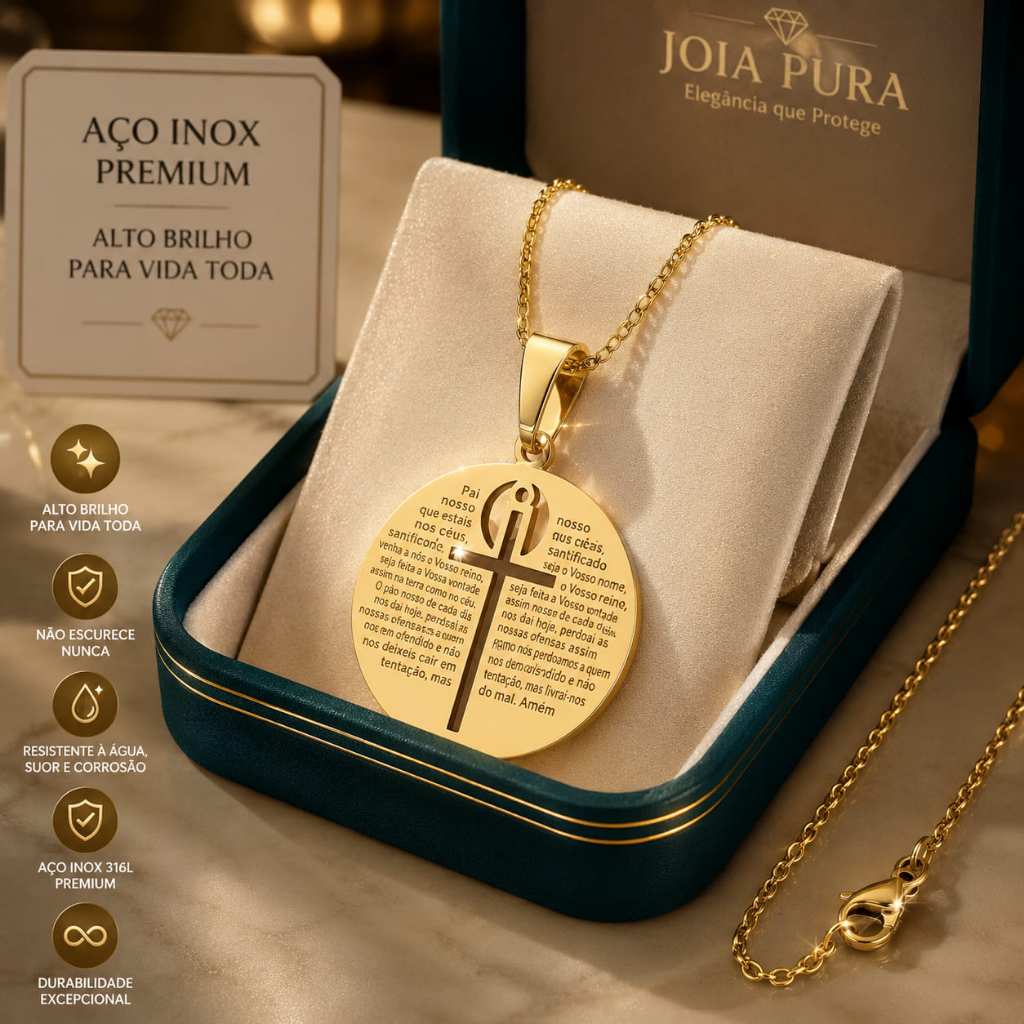 Corrente Colar Cordão Pingente Medalha Oração Pai Nosso Evangélico Católico Dourado Aço Inox Banhado a Ouro 18k