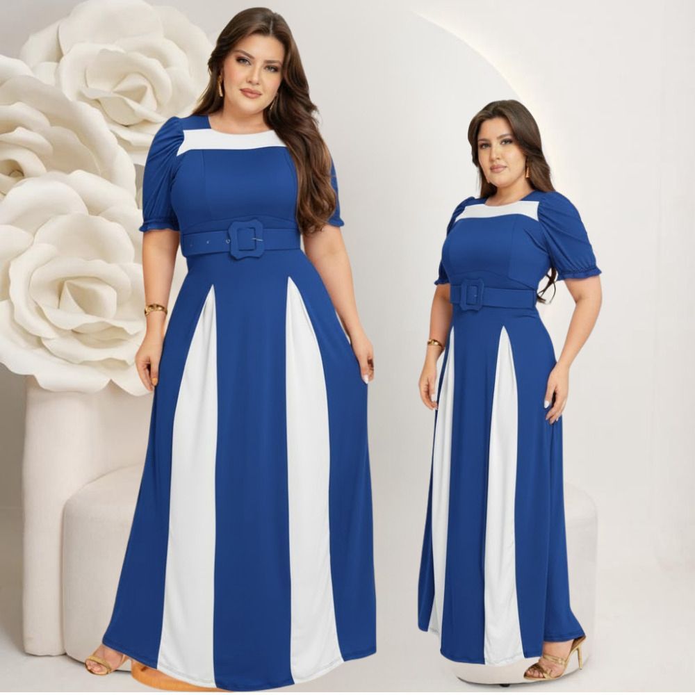 Vestido Feminino Longo Bicolor Social Manga Estilosa Cinto Moda Evangélica Plus Size Congresso