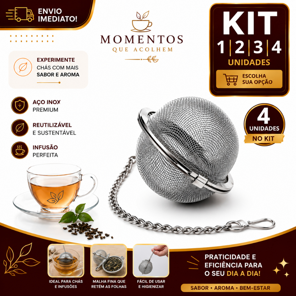 Infusor de Chá Inox Reutilizável 1/2/3/4 Filtro para Ervas Chá Gourmet Aço Inoxidável com Corrente