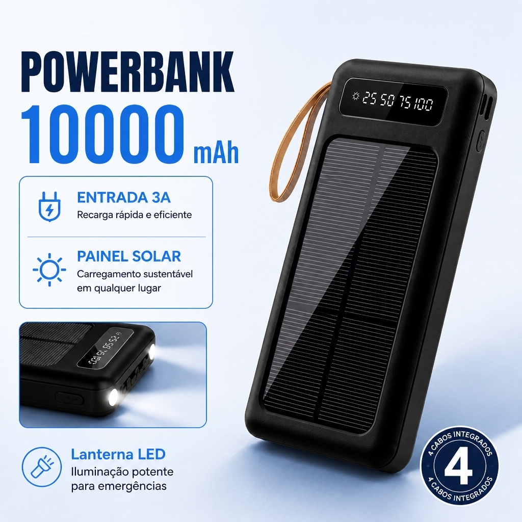 Solar Bateria Portátil 10000mah Power Bank Luz LED Integrada Inclui 4 Tipos Carregador De Celular Portátil