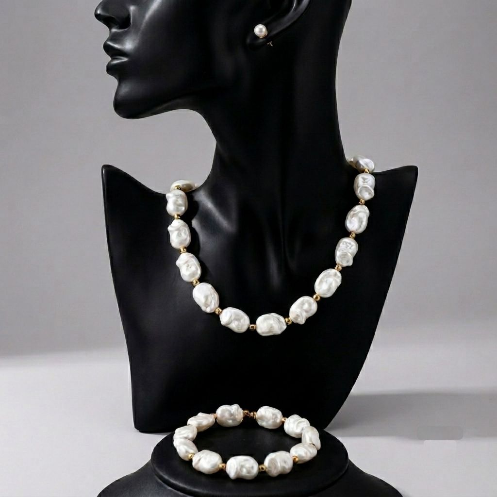 Conjunto Pulseira Colar e Brinco Feminino de Pérolas Bijoux Artesanal Banhado Ouro 18K
