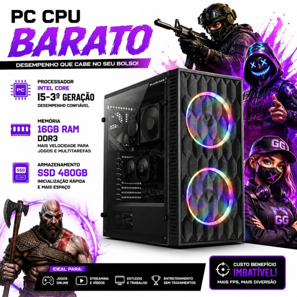 PC CPU Barato I5-3° geração + 16GB RAM Ddr3 + SSD 240GB