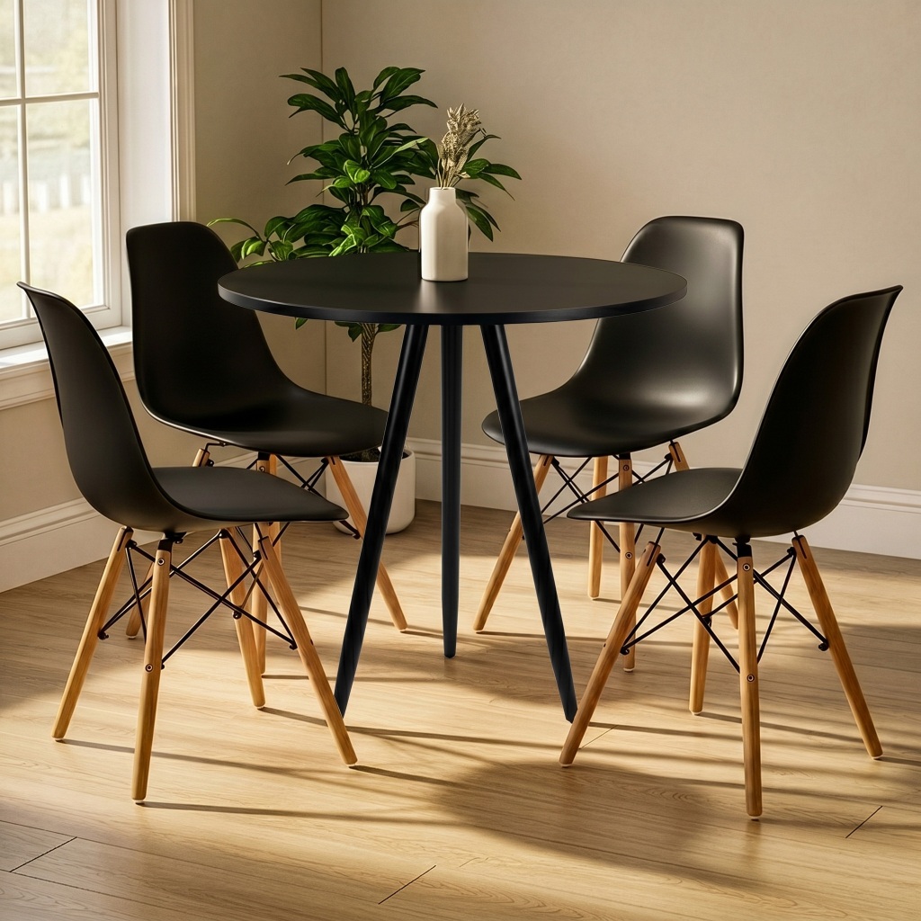 Mesa Tripé Preta 80cm Mdf C/ 4 Cadeiras Eames Eiffel Cozinha