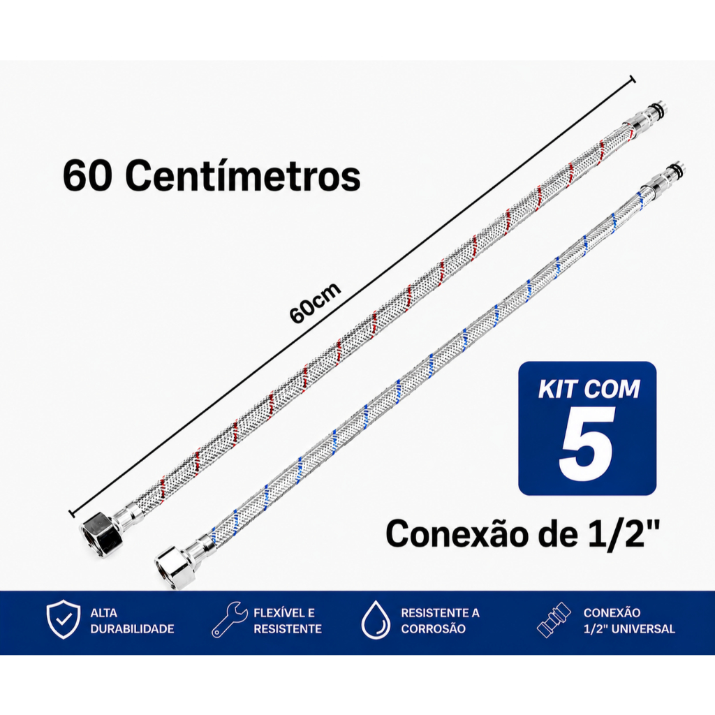 Engate Flexível 60cm para Misturador Monocomando 1/2" Inox Prateado | 5 Pares | Malha Reforçada | Alta Pressão