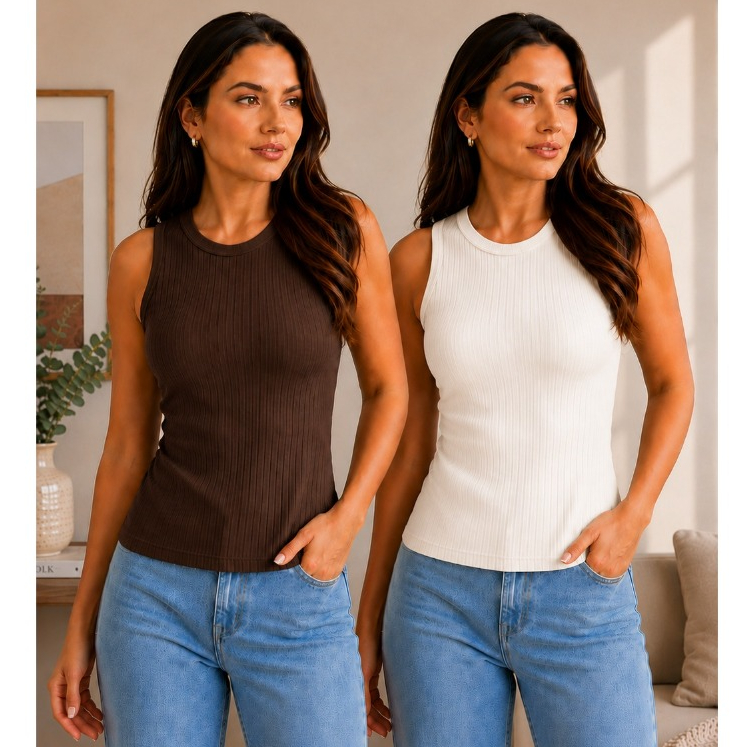 Kit 2 Regatas Feminina Canelada Gola Redonda Blusinha Justinha Alça Larga Sutiã Moda Casual
