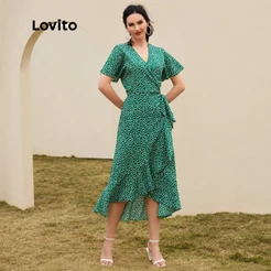 Lovito Vestido Feminino Com Fenda e Babados Estampa Bolinhas DRB12014