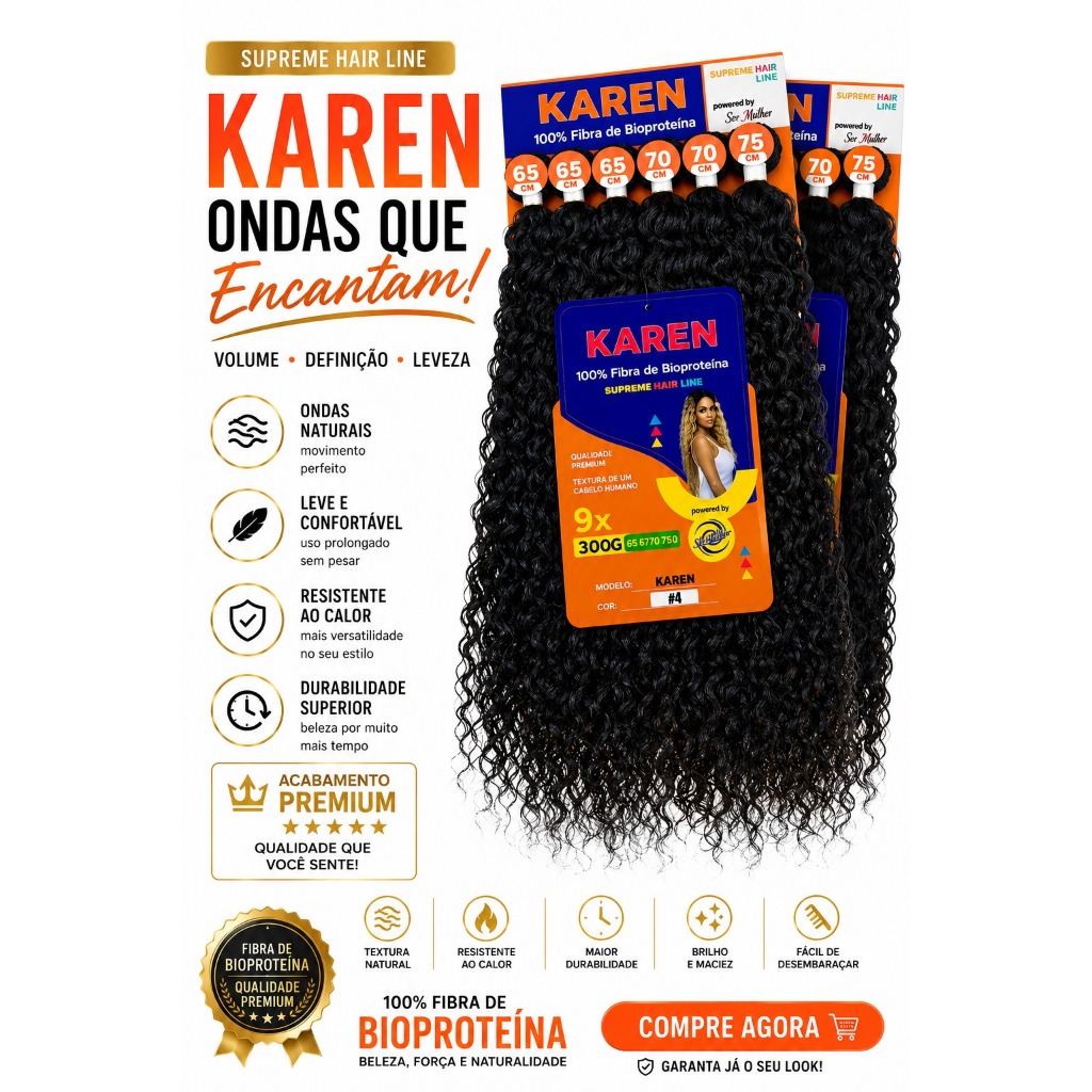 Cabelo karen Bio Proteína Supreme Hair Ser Mulher Cacheado 300g Bio organico Fibra Premium  Para Entrelace 70cm