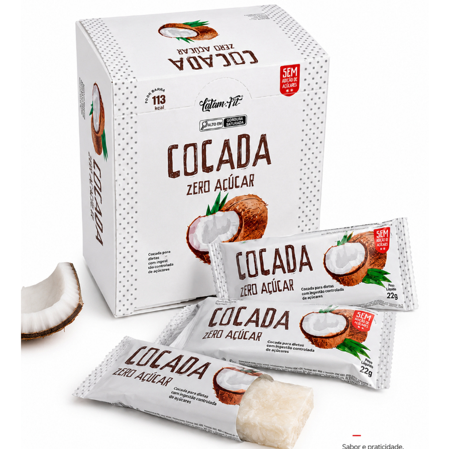 Cocada Zero Açúcar Premium Latam Fit – Caixa com 12 Unidades de 22g | Sem Adição de Açúcares | Sabor Coco