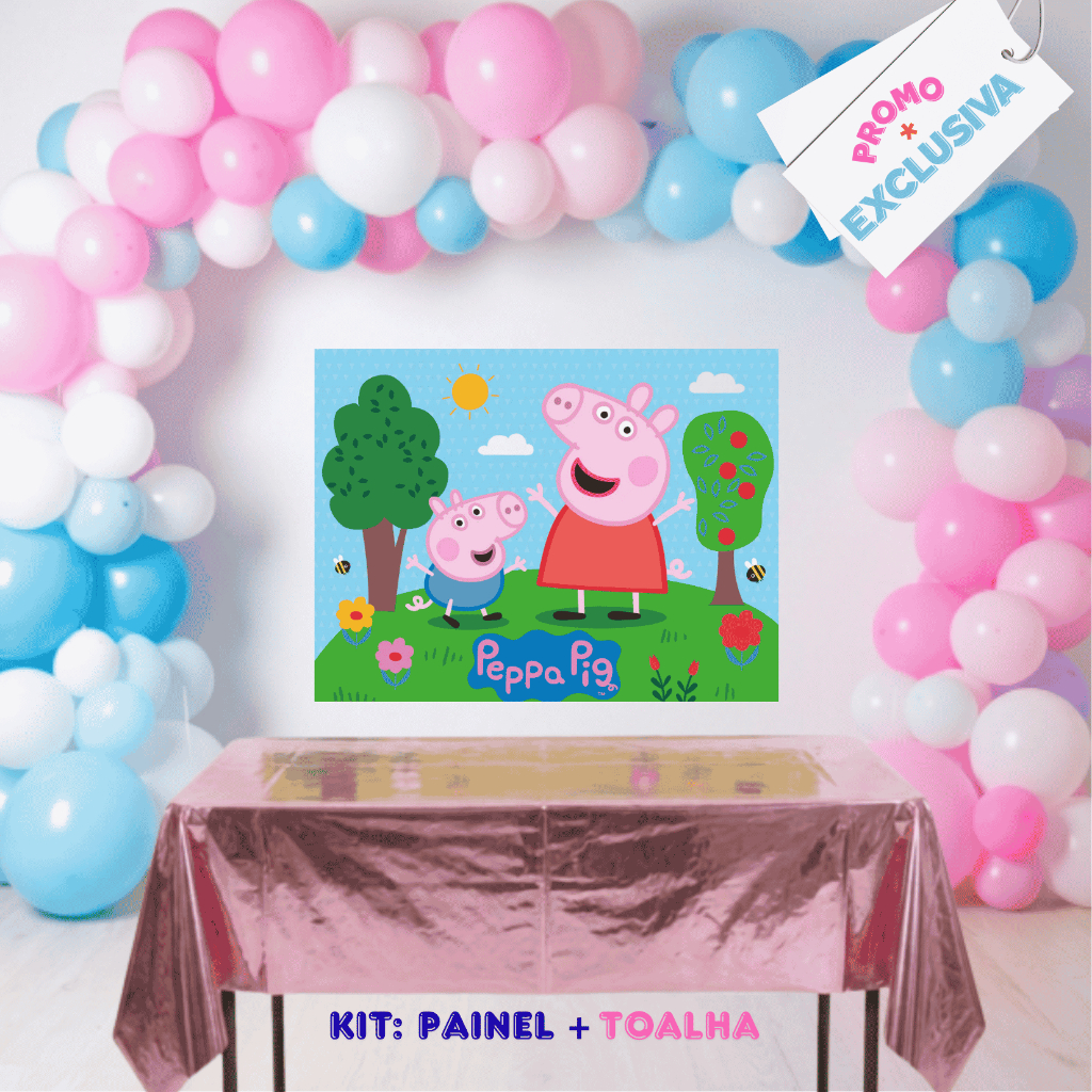 KIT DECORAÇÃO FESTA PEPPA PIG COMPLETO PAINEL + TOALHA METALIZADA + 100 BEXIGAS + FITA PARA ARCO