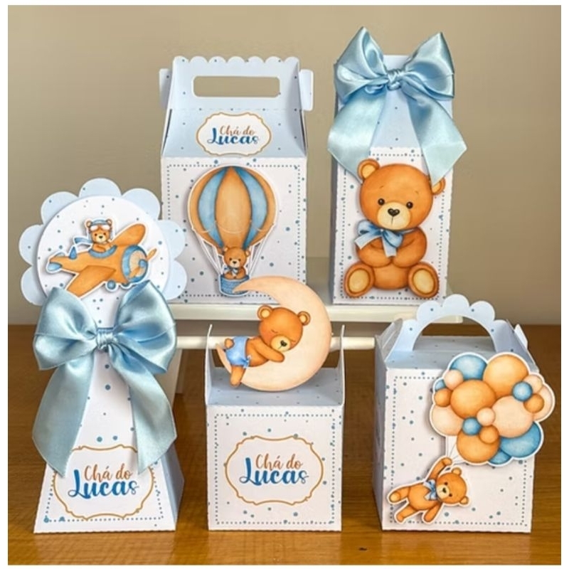 Kit Festa chá bebê Ursinho/Azul/ Caixinhas Personalizadas | Lembrancinhas chá revelação |Pegue e Monte