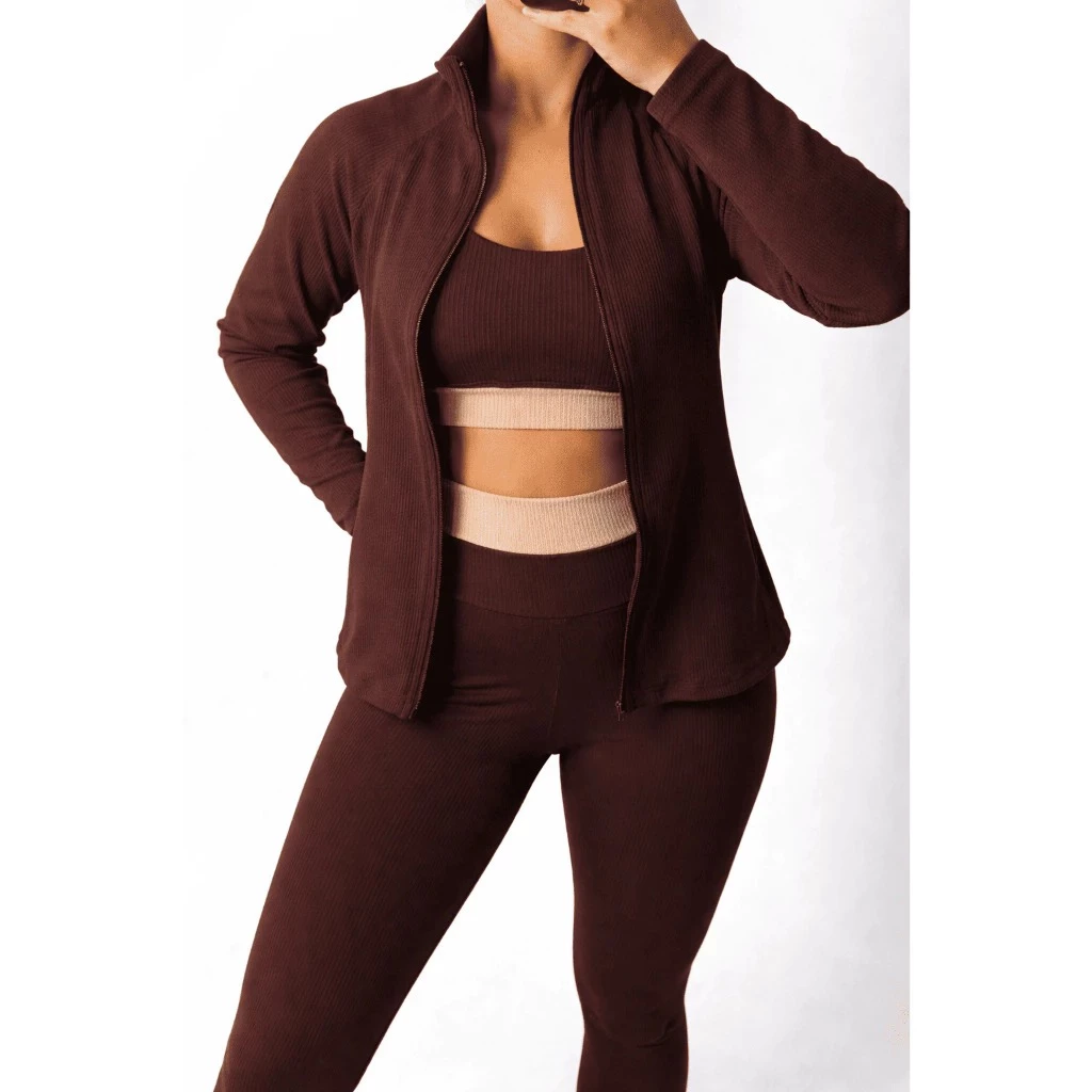 Kit Conjunto Fitness Feminino Top e Calça Tecido Anarruga Canelado + Casaco Manga Longa Anarruga — imagem 1