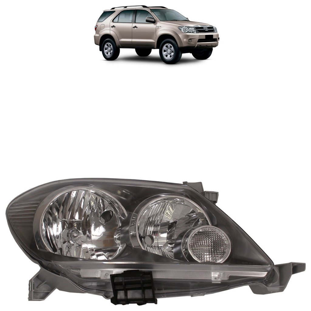 Farol Dianteiro Hilux SW4 2005 2006 2007 2008 Máscara Negra Lente Lisa Acrilico